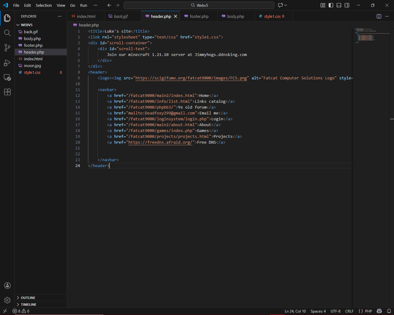 Me working on the header.php